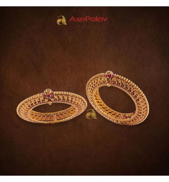 22K Peacock Gold Kada Bangles with Ruby & Diamond Detailing